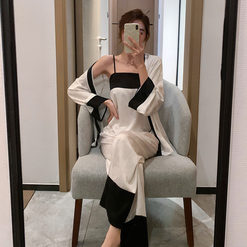 kimono baju tidur  baju kimono tidur wanita  Ice Silk Pajamas semi dan musim gugur tiga potongan rum