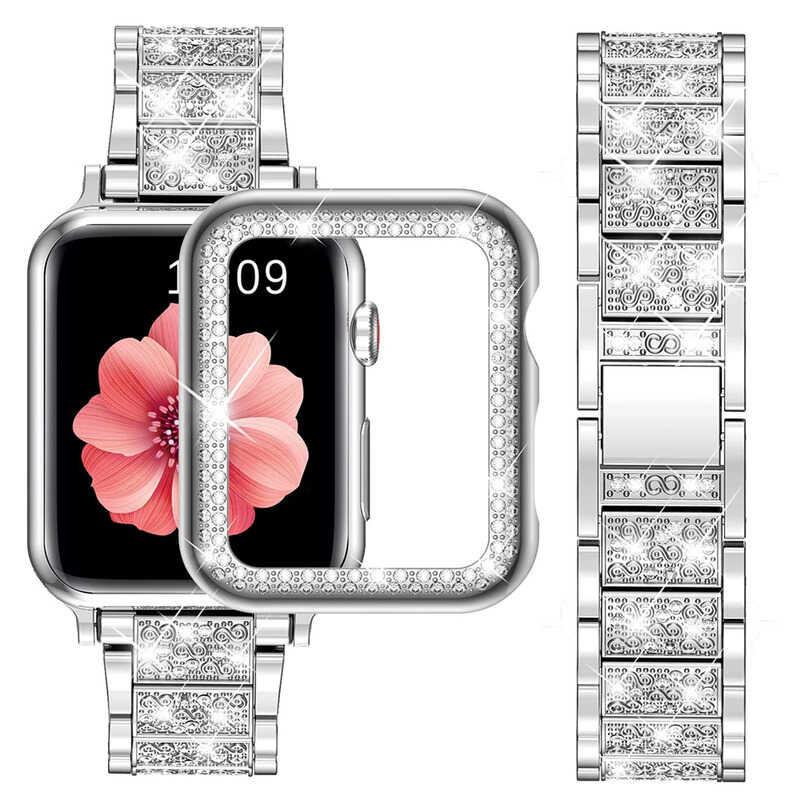 + Kasus strap jam apel 7 41mm 45mm bling Gelang Metal dengan kasus PC untuk watch se 6 5 4 44mm mm