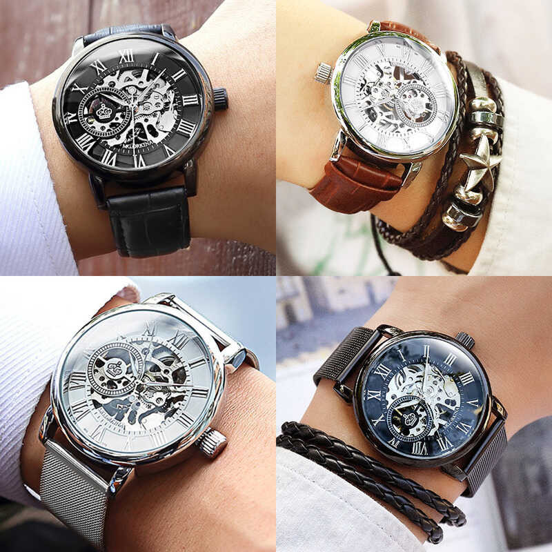 3d Design ORKINA Hollow Engraving Black Case Mesh Stainless Steel Skeleton Mechanical Watch Men