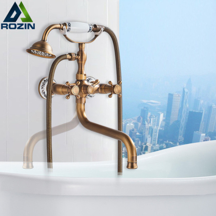 Antik Tub Faucet Dalam Dinding 30 cm Spout Bathtub Mixer Tap Brass Rotate Long Nose Bath Shower Set 