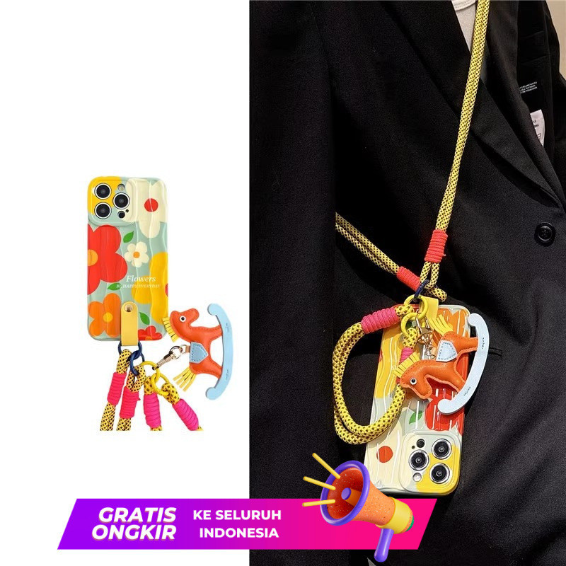 Case HP  Kotak telepon Apple 15promax yang cocok untuk bunga Jepang dan Korea iPhone 14 membawa tali