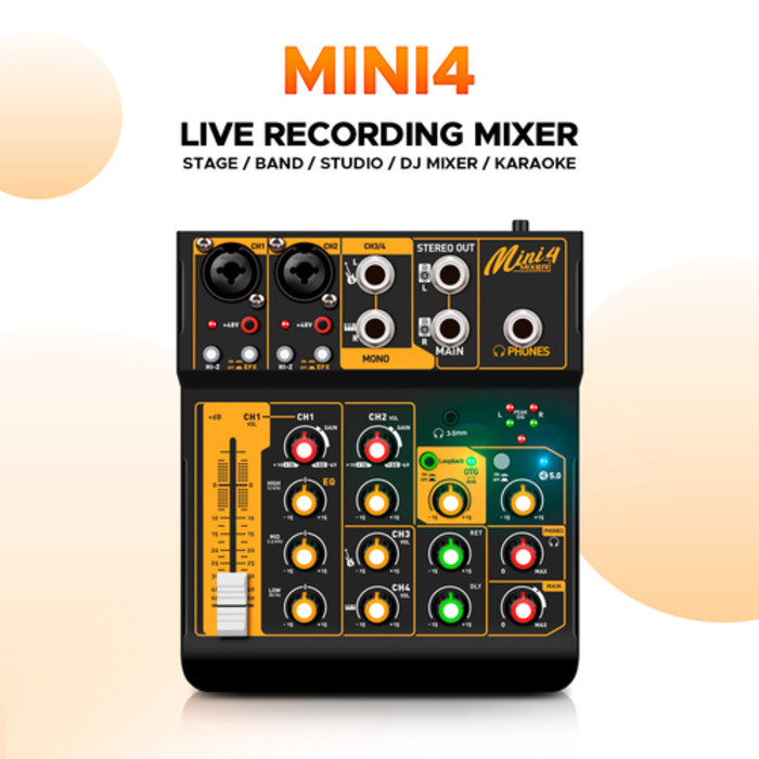Mini4 4-channel mixer, metal body audio mixer Bluetooth 5.0 OTG reverb 48V sound card for PC live st