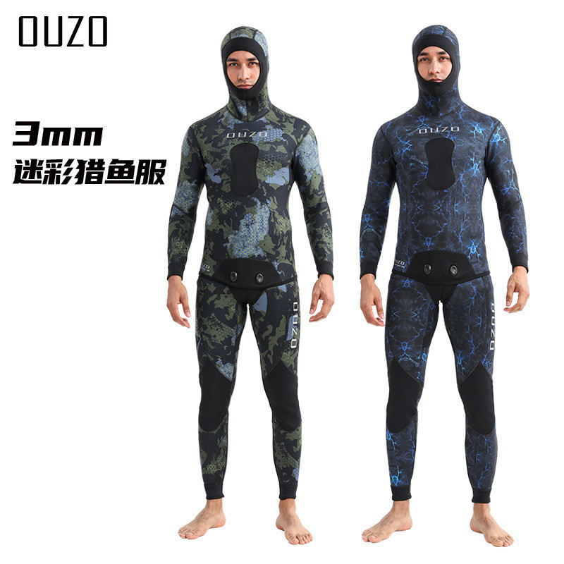 

baju diving Pakaian berburu ikan 3MM laki-laki dengan topi tubuh terpisah, set lengkap menyelam, dingin hangat, pakaian menyelam