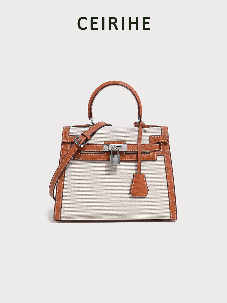CEIRIHE Premium Kelly Bag untuk Wanita 2025 Kanvas Kulit Besar Baru, Bagi Crossbody Satu Shoulder