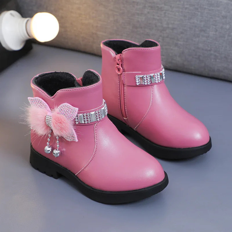 Anak-anak Gadis Panjang Tengah Warm Kulit Sepatu Bayi Bow Cute Shoes Plush Winter New Student Two Co