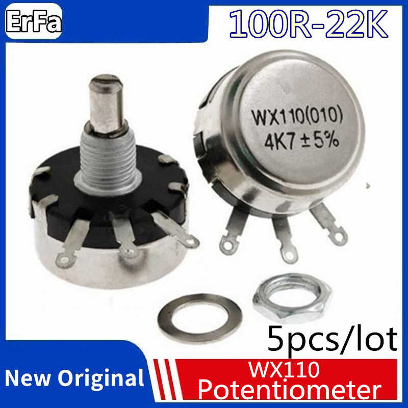 WX010 5pcs WX110 Round Metal Shaft Single Turn Wire resistor Wound Potentiometer 100R 470R 1k 2
