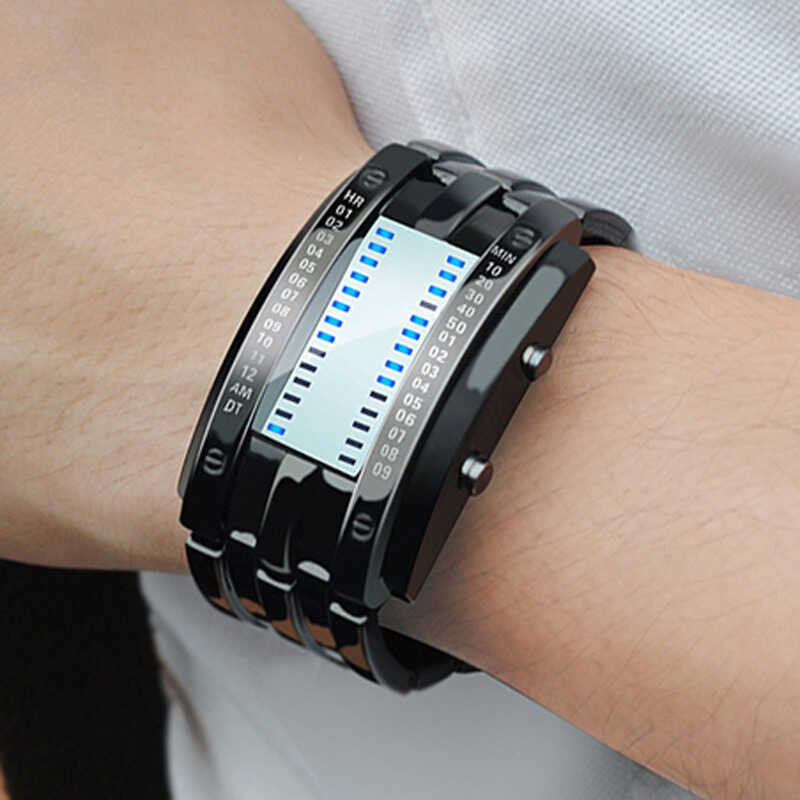 Fashion Binary LED Man Multi-function Sports Black Stainless Steel Bracelet Watches Men Women C