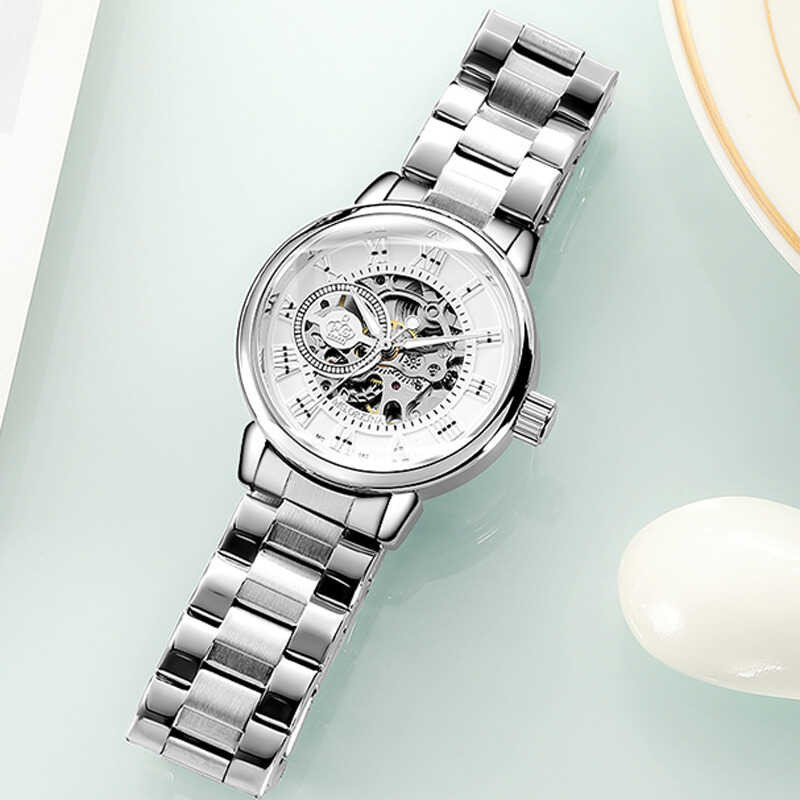 Skeleton ORKINA Sier Women's Stainless Steel Fashion Ladies Mechanical Watch es Female Automati