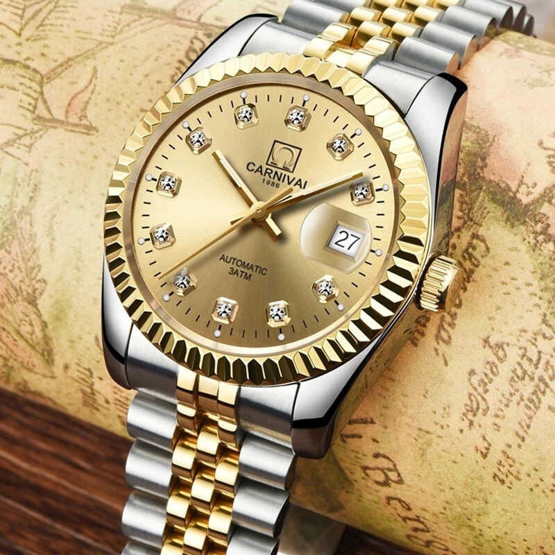 Carnival Brand Fashion Gold Automatic Watch Men Waterproof Sapphire Business Calendar Mechanica