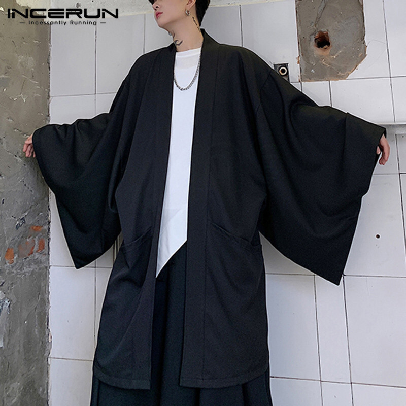 Men Cardigan Open · Loose Sleeve Streetwear Trench 2023 Chic Vintage Punk Solid Long Coats Mens Cloa