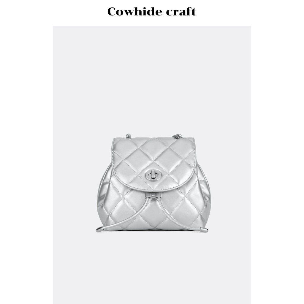 feria korea bahu 2024 baru kulit asli berantai berlian tas mini ransel perak