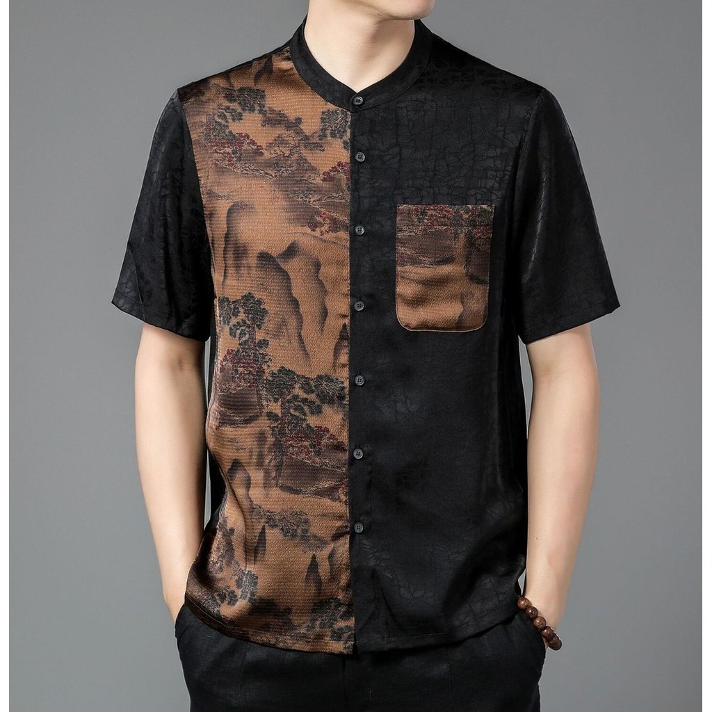 Kemeja Pria  Cinoiserie Xiangyun gauze lengan pendek imitasi pria baju satin mawar Cina sutra Tang p
