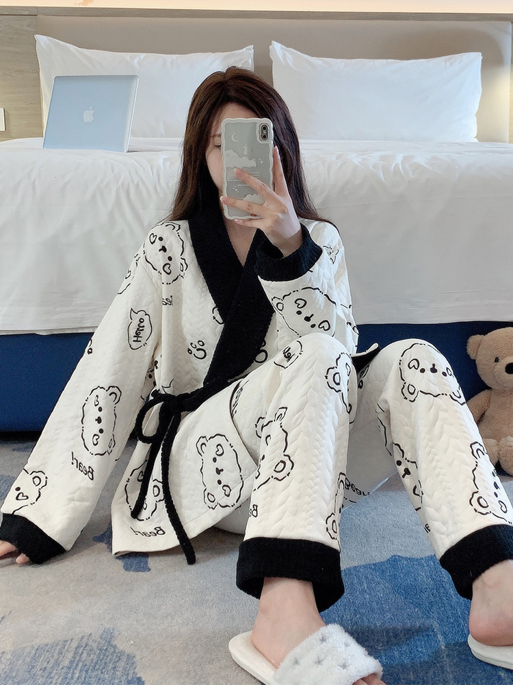 kimono baju tidur wanita  Pajama Women's Spring and Autumn Air Interlayer Pure Cotton Long sleeved N