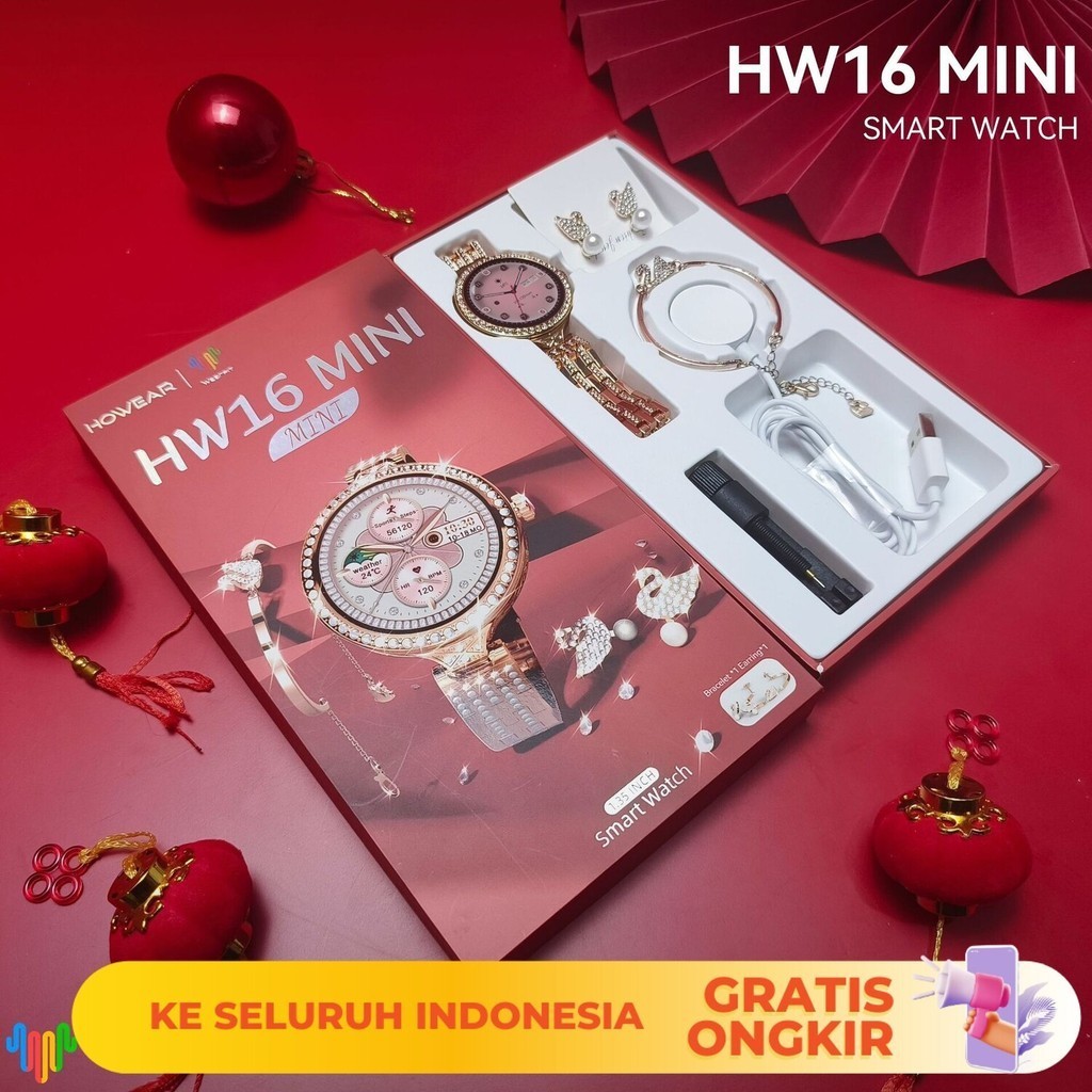 Jam Tangan Wanita  Kotak hadiah baru HW16mini set untuk wanita Bluetooth smartwatch dengan berlian S