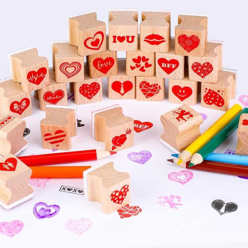 

34 A.B.C.D.E. Konsait mini Valentine's Day stamps with stamp pad, colored pencils, holiday wood
