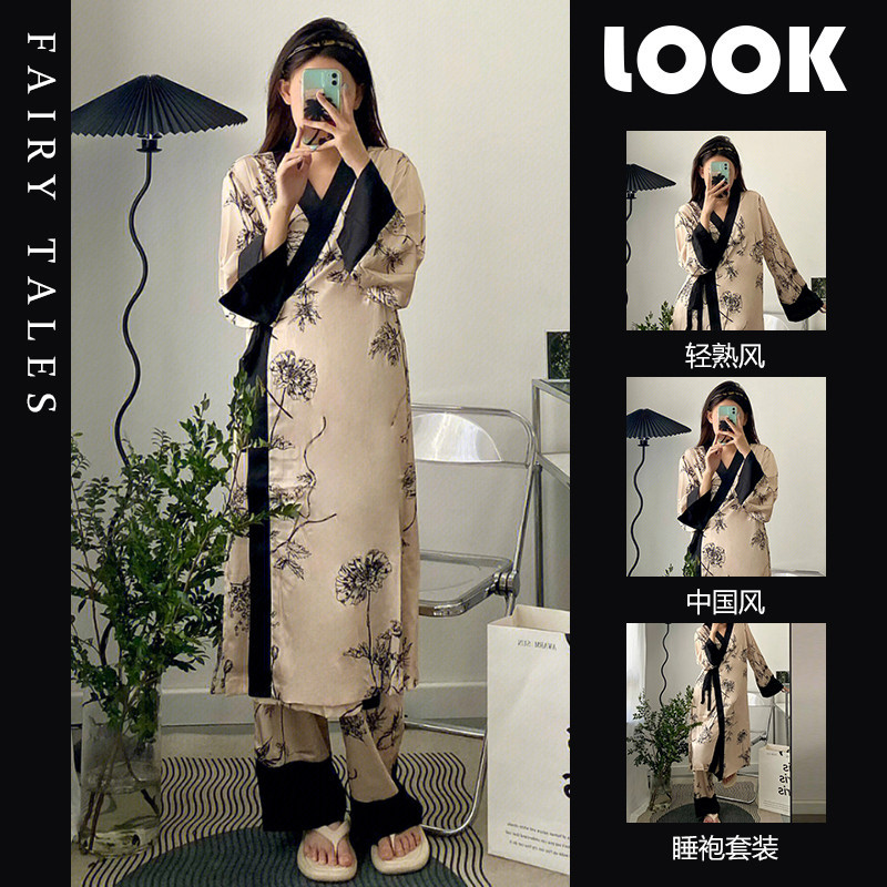 kimono baju tidur  baju kimono tidur wanita  Gaya Cina baru dicetak es sutra lengan lengan, piyama t