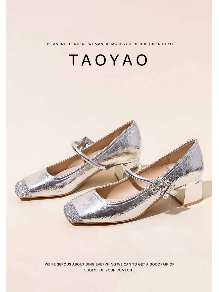 Super lembut domba perak Mary Jane tumit tinggi untuk wanita 2024 peri gaya Perancis baru dengan rok