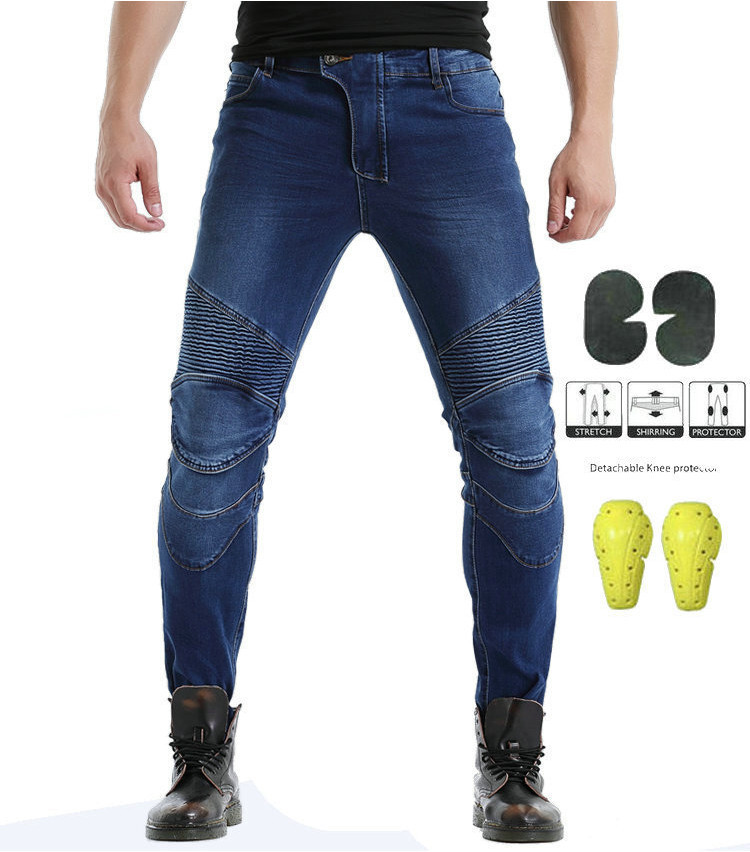 Jeans elastik tinggi, celana berputar motor, jeans perlumbaan kaki lurus