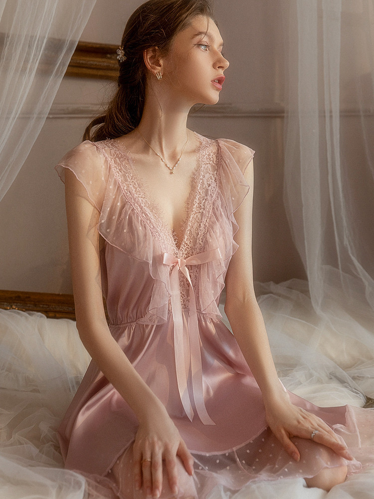 baju tidur seksi wanita  Gaya keinginan murni Sexy Ice Sleeveless pakaian wanita musim panas Mesh La