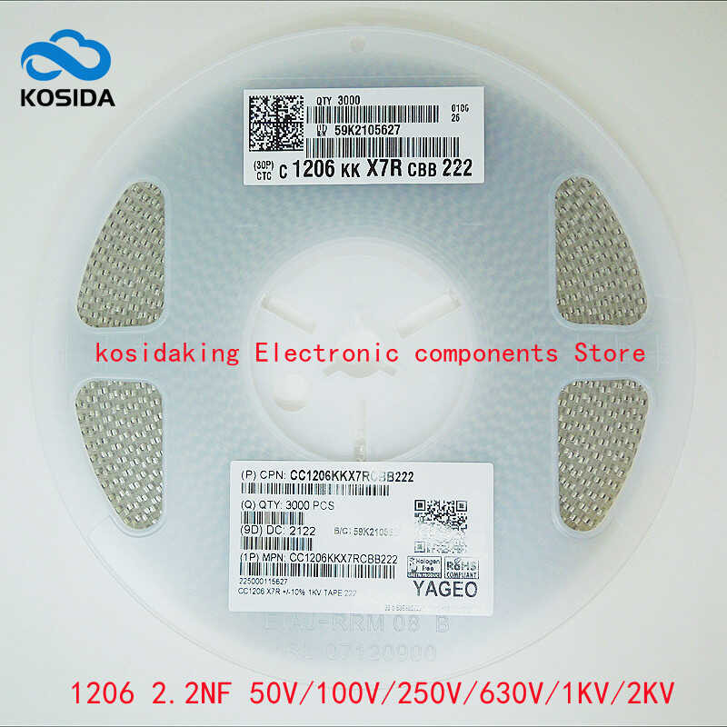 1206 1 reel/LOT 3216 222K 2.2NF 10% X7R 50V 100V 250V 630V 1000V 1KV 2000V 2KV 3000V 3KV Konden