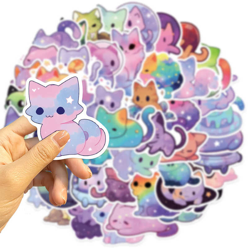 

￥ 50 Pcs Cartoon Rainbow Starry Sky Stickers, Cute Aesthetic Cat Waterproof Stickers For Water Bo