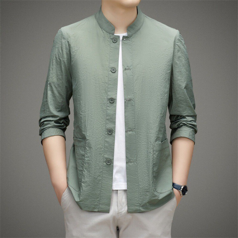 Kemeja Pria Import  Gaya Cina baju es sutra tipis musim panas pria, usia tengah cepat kering elastis