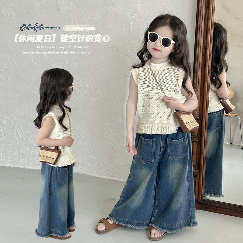 Girls Hollow Knitted Vest Breasted Wide-Leg Pants Summer 25 New Korea Style Fashionable Children's S