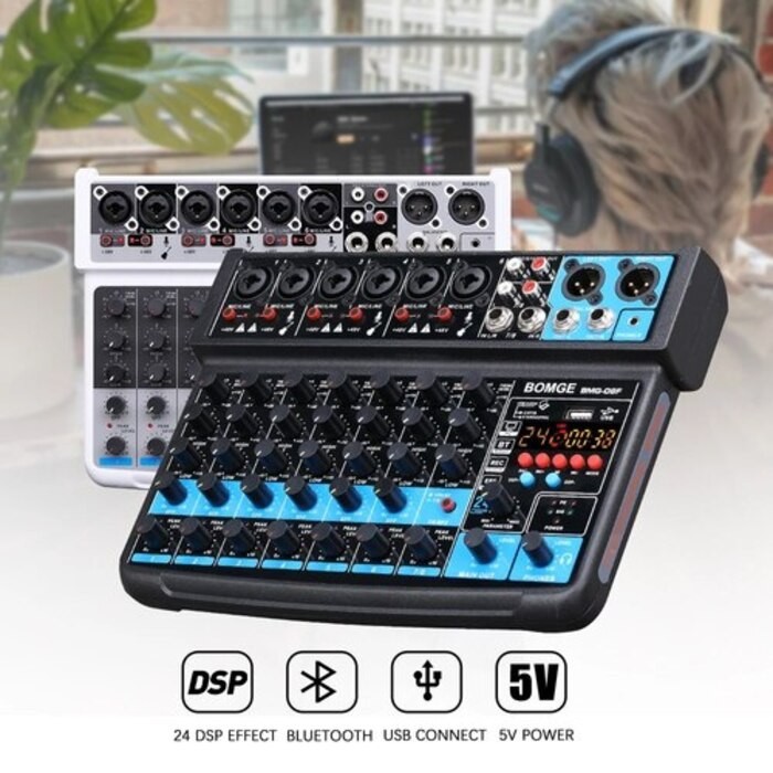 BOMGE 8 Channel Mini Audio Line Mixer DC 5V dengan MP3 Player Bluetooth 48V 24DSP Effects USB Record