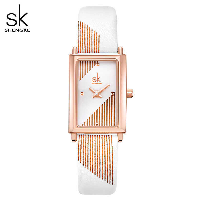 Baru Shengke Disiner Watch For Women White Rectangle Ladies Wristwatch Elegant Leather Band Qua