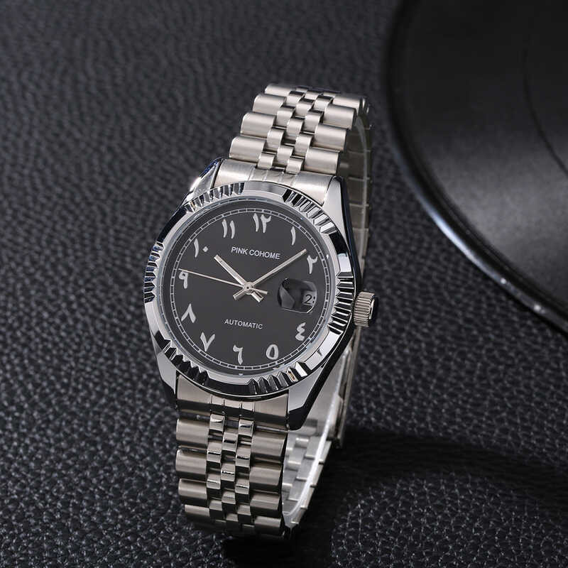 Menonton Arab Besi Gerakan Otomatis Urdu Nomor Mechanical Wristwatch Men Waterproof Erkek Saatl