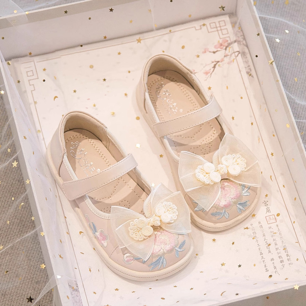 Sepatu Putri Girls 2024 Spring New Korean Edition Little Girl Leather Chinese Embroidered Ancient St