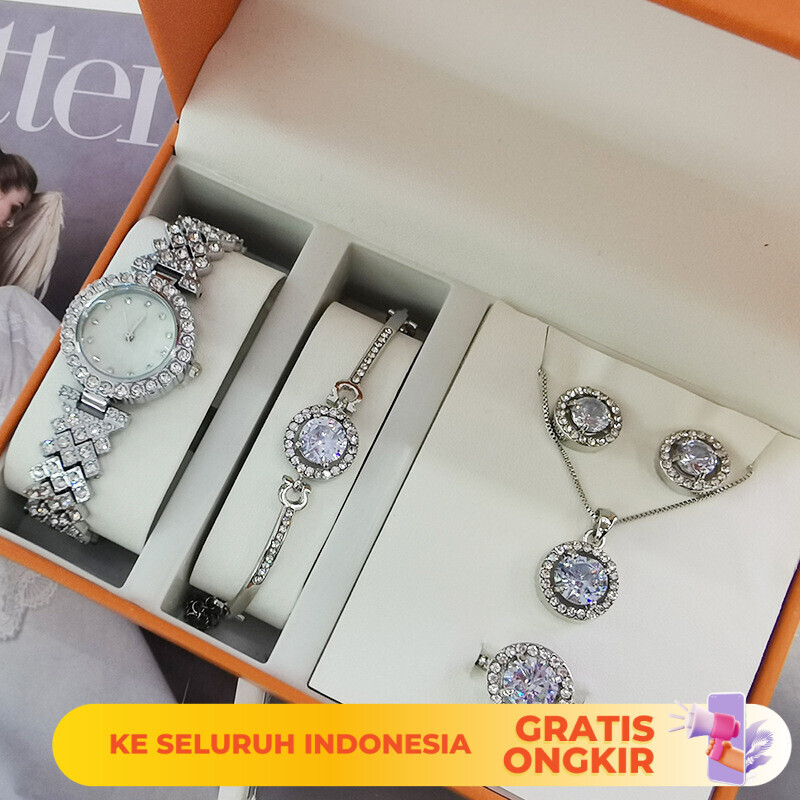 Jam Tangan Wanita  Penuh Berlian Octagonal Arrow Baru Bracelet Necklace Exclusive 5-piece Gift Box S