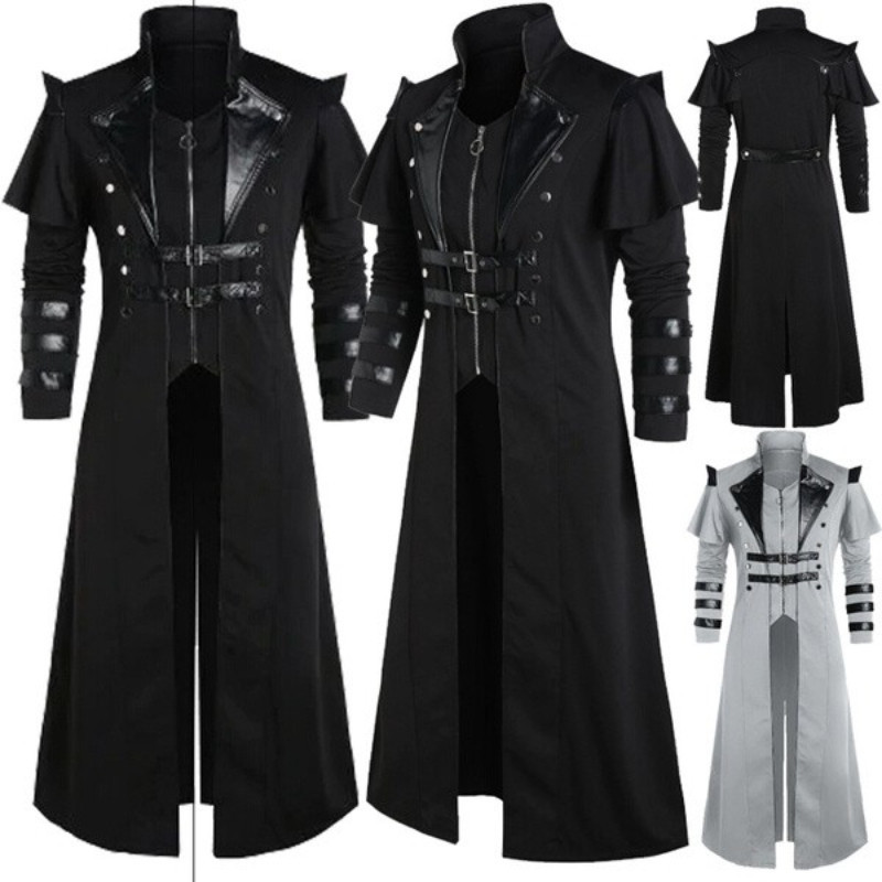 Vintage Men's Gothic Steampunk Jacket Trench Retro Medieval Warrior Knight Overcoat Male Victoria Lo