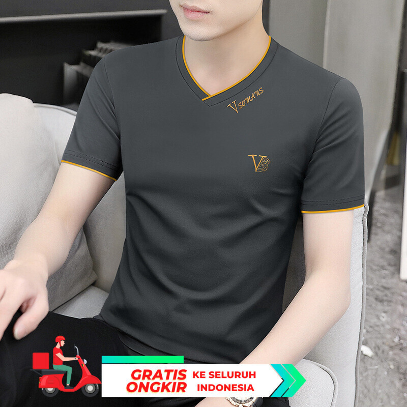 Kaos Pria Premium  Modal Short sleeved 2024 Summer V-neck Embroidered Silk Ice Feeling T-shirt Top M