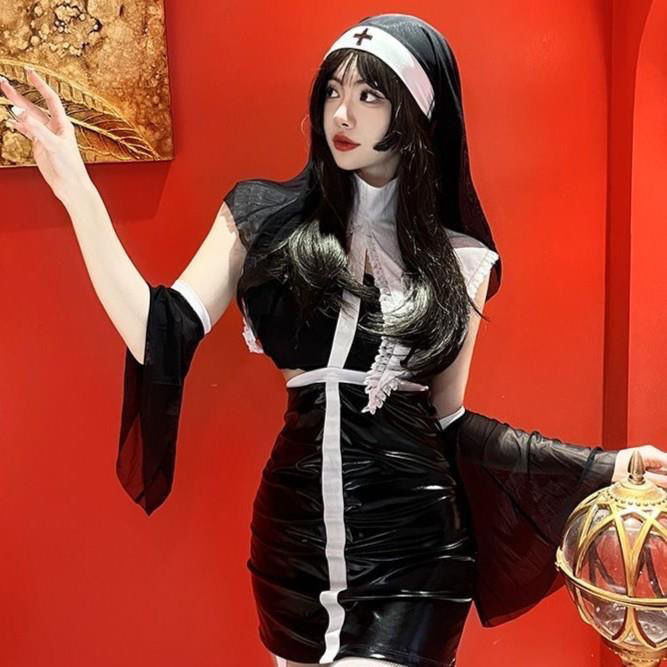 Nun Sexy Cross-dressing Uniform Dark Suit Cosplay Cosplay Women's Costume Halloween Popular Sweet An
