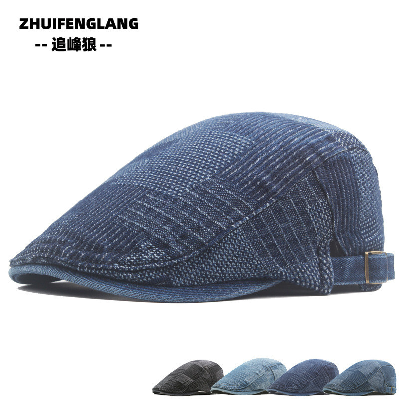 Topi Baret Sutradara Musim Gugur Tipis Bernapas Denim Depan Newsboy Inggris Santai Luar Ruangan Peli