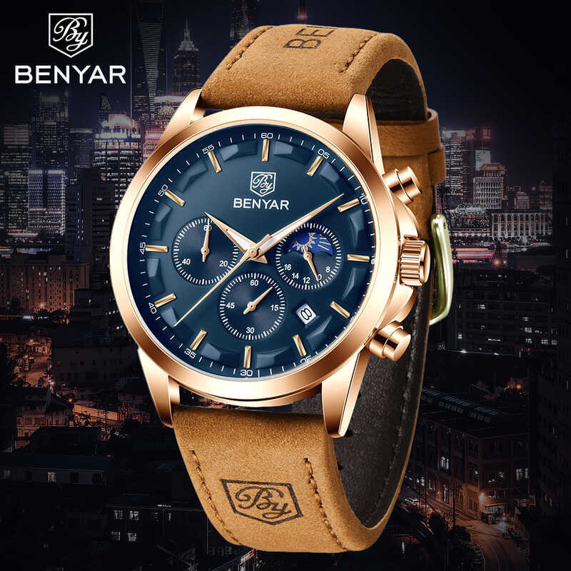 Benyar 2024 New Fashion Brand Men's Quartz High Quality Waterproof Leather Luminous Pointer Wat
