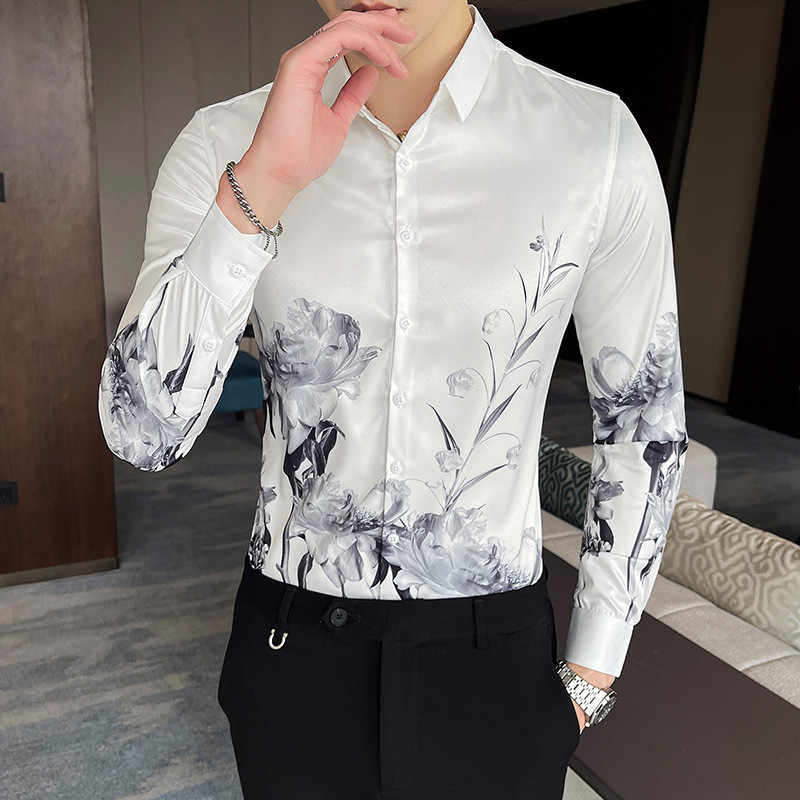 Kemeja Pria  2021 Spring/Summer New Flower Men's Long Sleeve Shirt 2606  Import