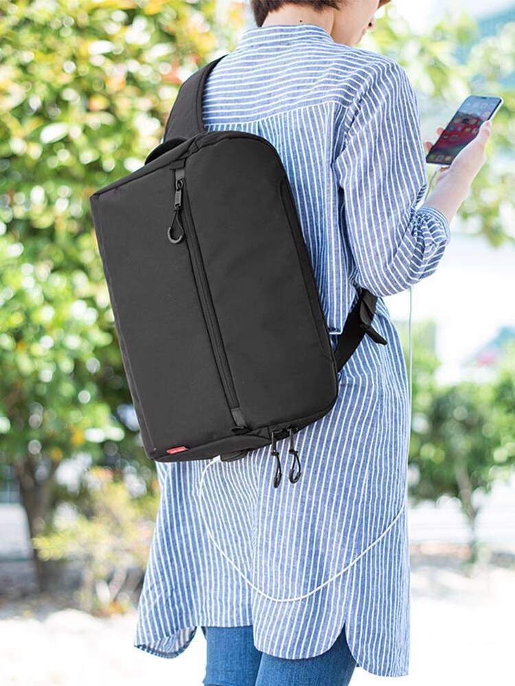 Bahu SANWA Jepang Wanita, Genggam USB, Selempang Dada dengan Banyak Kantong, Tas Messenger Hitam Kas