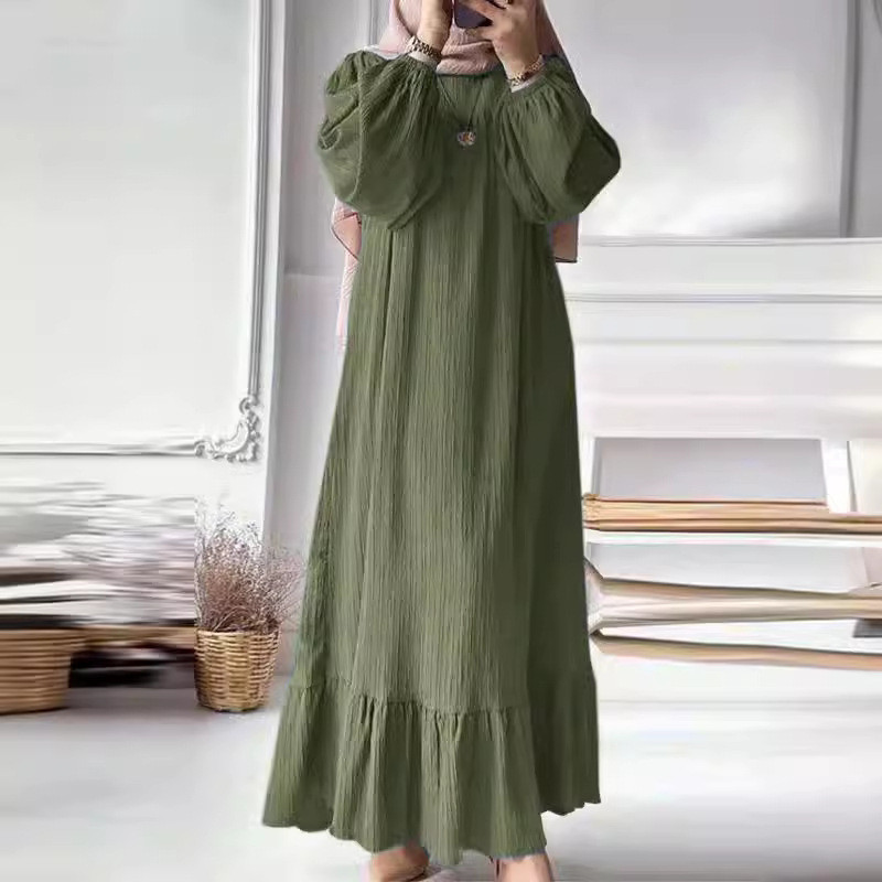 2024 jubah wanita Muslim fashionable bubble sleeve pocket ruffled hem dress