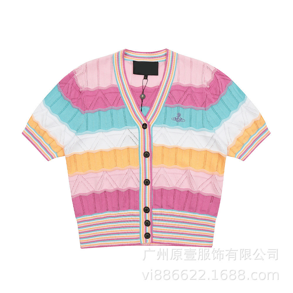 Cardigan Vivienne Westwood Saturn Bordir Cardigan Bergaris Pelangi Berat Atasan Rajut Lengan Pendek 