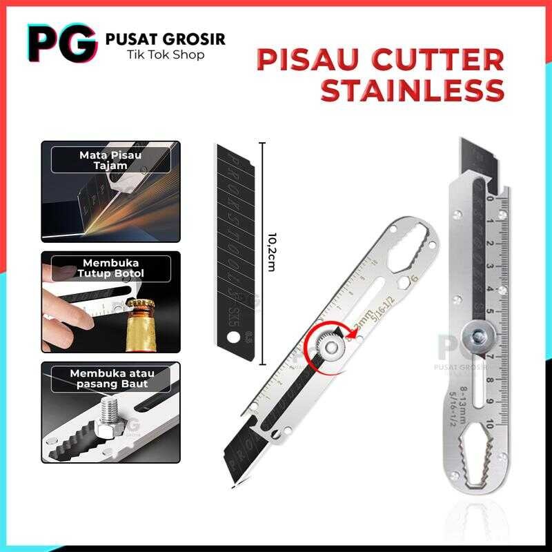 

Pisau cutter stainless 9in1 kater tam multifungsi pembuka tutup botol penggaris