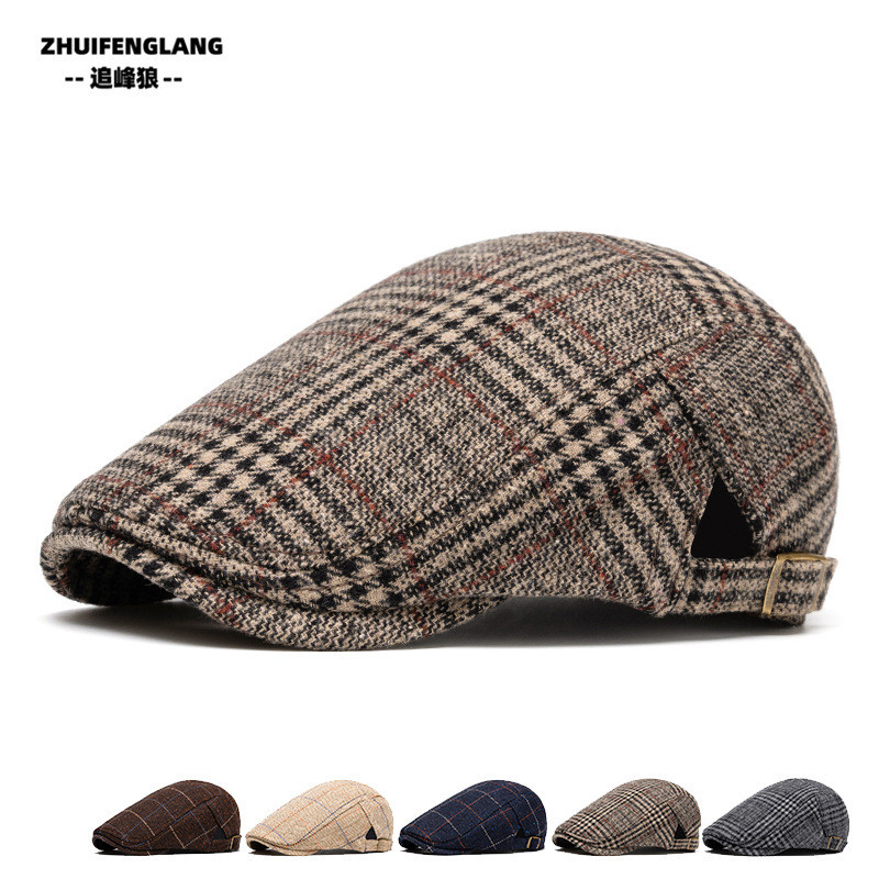 Topi Baret Sutradara Kotak-Kotak Pria Gugur Musim Dingin Tebal Hangat Duckbill Depan Pelukis Topi Ne