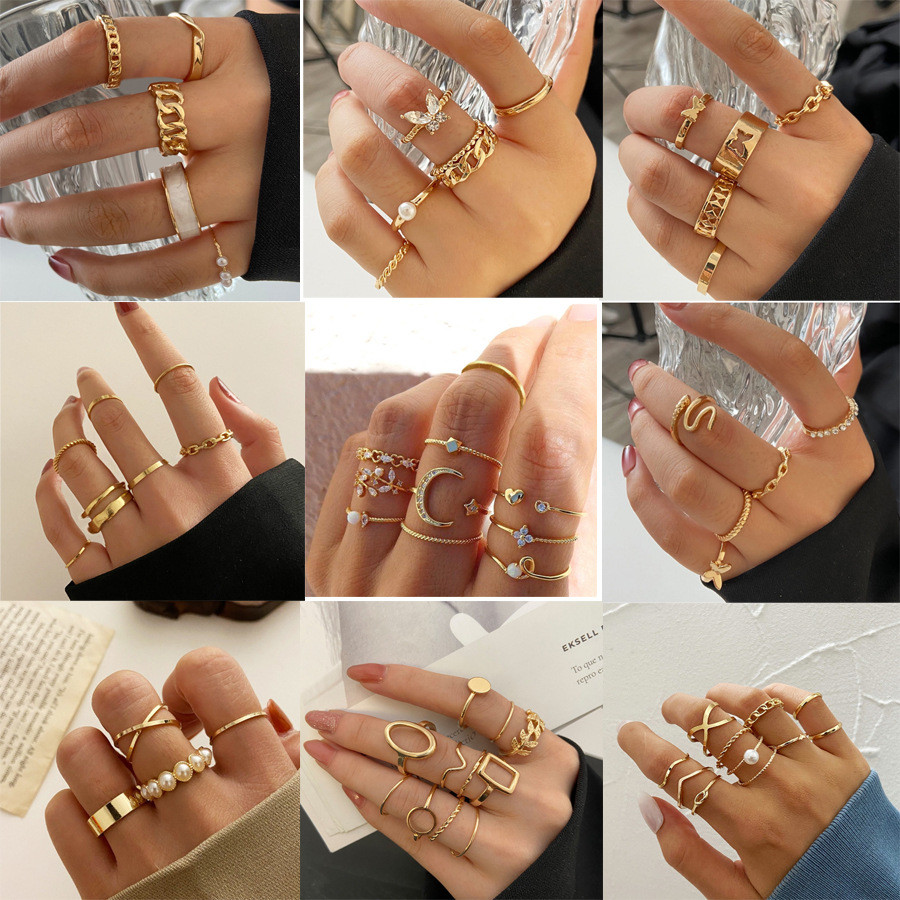 Set Cincin Cinta Geometris Kupu-kupu Bulan Bintang Kombinasi Cincin Wanita Temperamen Sederhana Krea