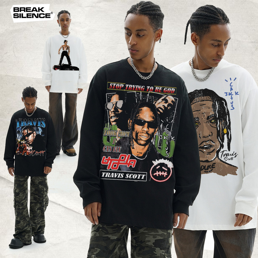Travis Scott T-shirt dengan pendek, men's fashion hip-hop washed print, pure cotton small collar len