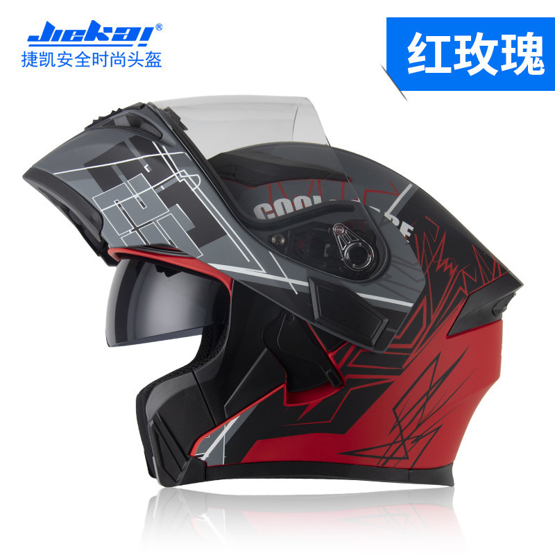 Helm Sepeda Motor Helmet  Helm Jiekai, penuh ditutup, wajah berputar penuh, motor lensa ganda laki-l