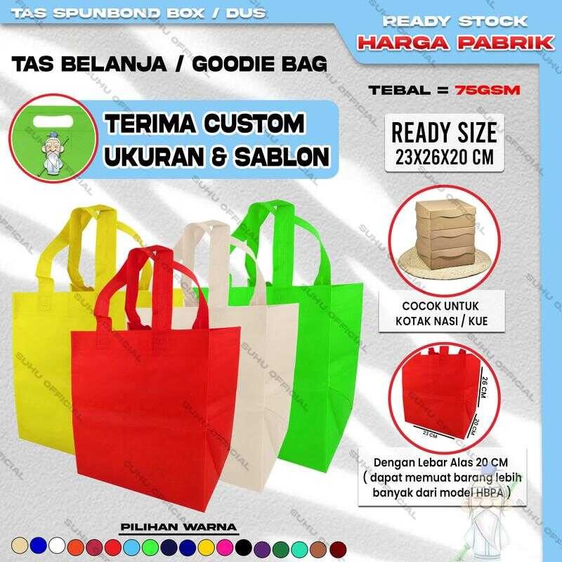 

Goodie Bag Tas Nasi Kotak Kue Spunbond HBPA Box Ukuran 23x26x20 Kantong Kain Souvenir Merah Pengganti Plastik