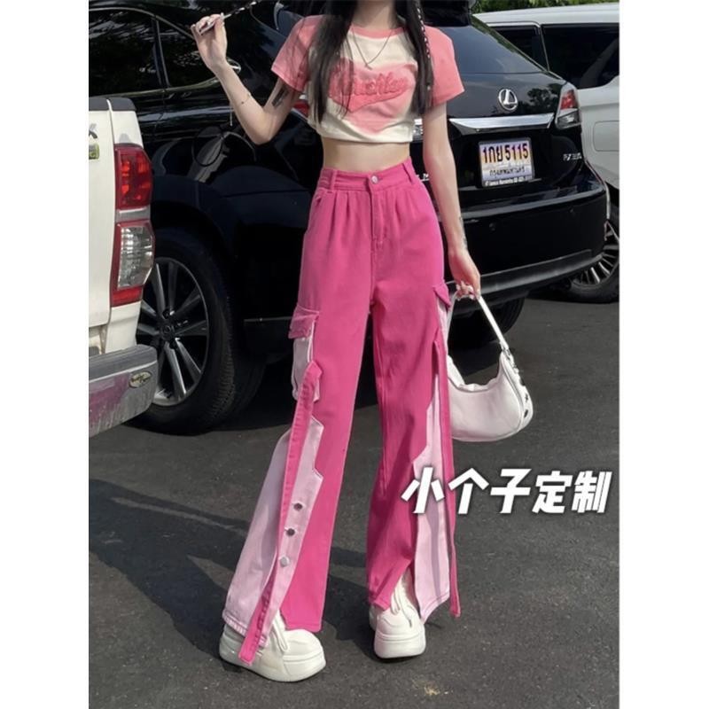 150 Celana Hip Hop Jeans Cargo Pink Gaya Dopamin Pinggang Tinggi Lurus Kaki Lebar XS Pendek Impor