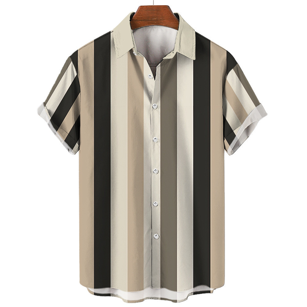 Kemeja Pria  2024 New 3D Printed European Stripe Beach Hawaiian Men's Short Sleeve Shirt Import