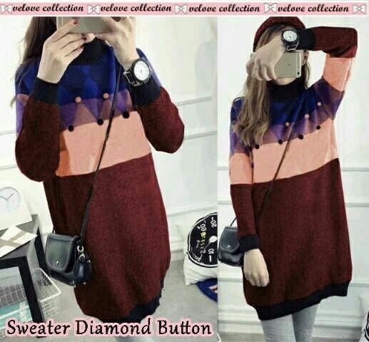 VV.Collection REAL PICT Sweater Diamond Button Bahan Babyterry Tebal Print Digital Fit to XL+ / Blo